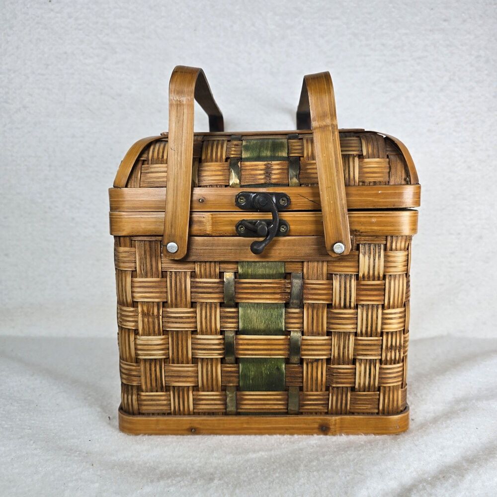 Vintage ‘80s BOHO Woven Wood Metal Bamboo Latched Hinged Basket Purse W Handles